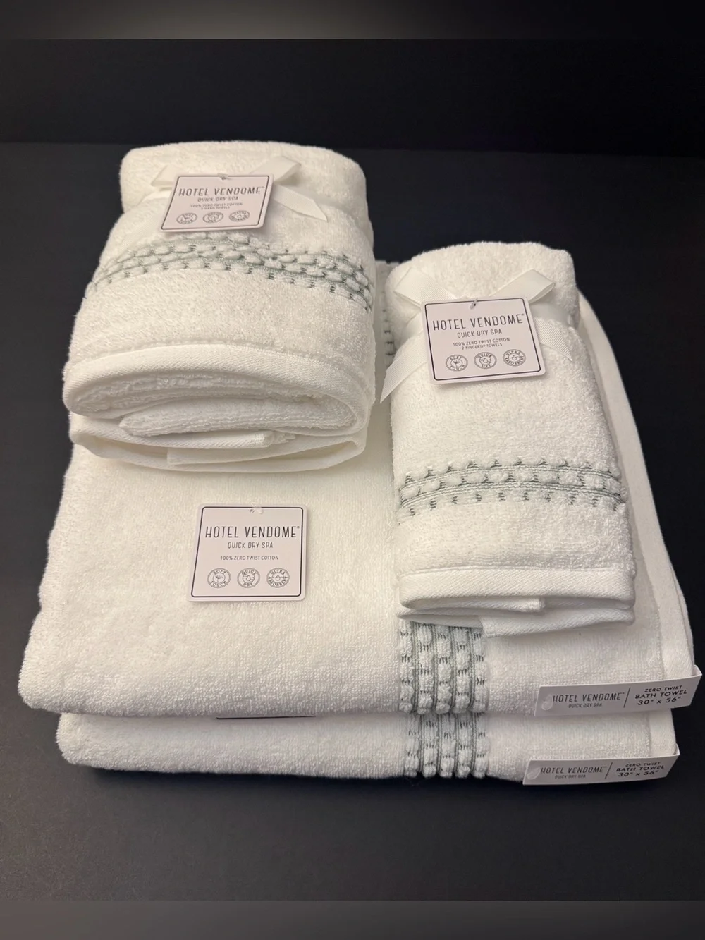 6pc HOTEL VENDOME Quick Dry Spa 100% Zero Twist Cotton Bath Towel Set -Wht/Green